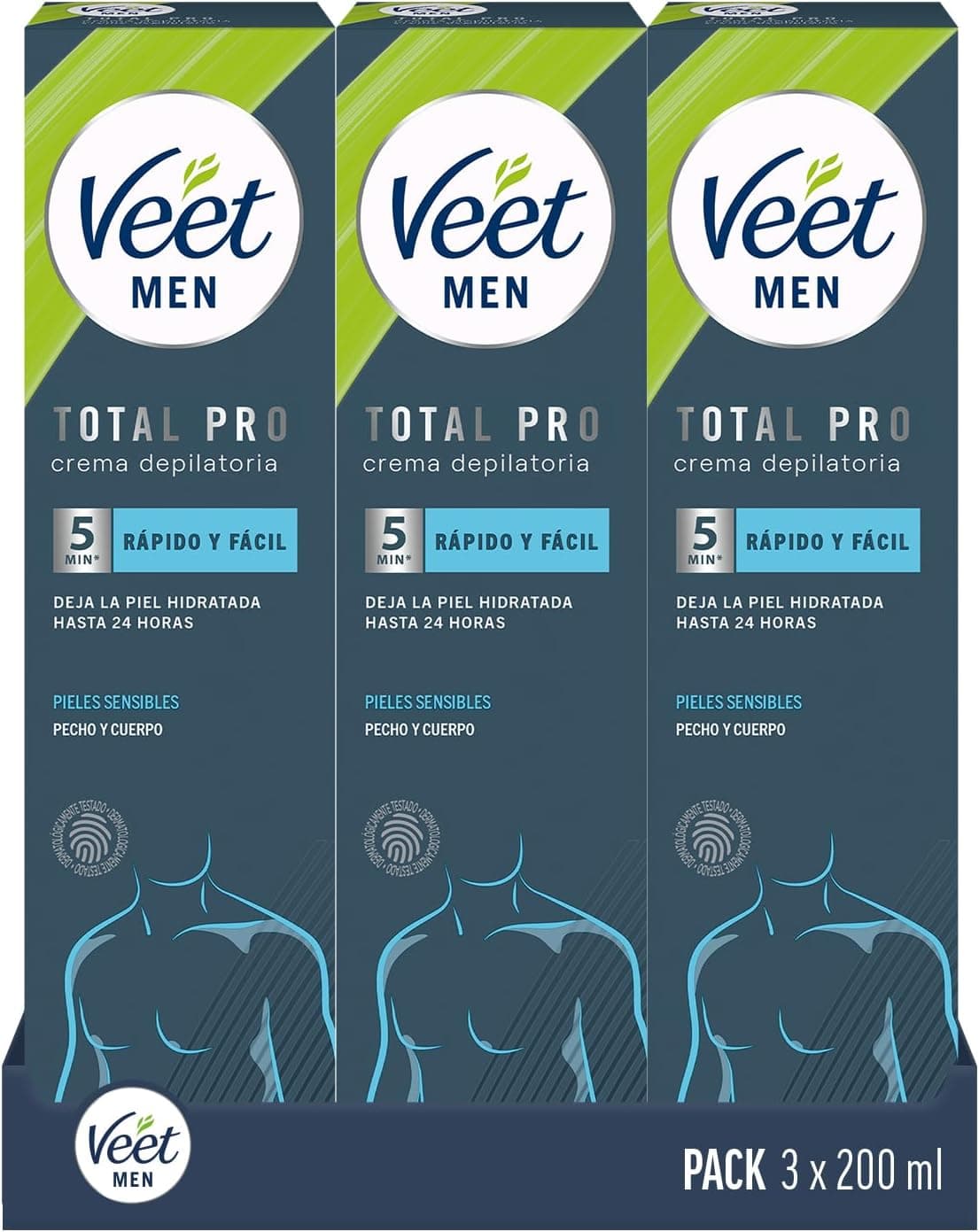 Veet Men creme de depilação masculino para peito nas costas, braços e pernas, pele sensível, 3 x 200 ml