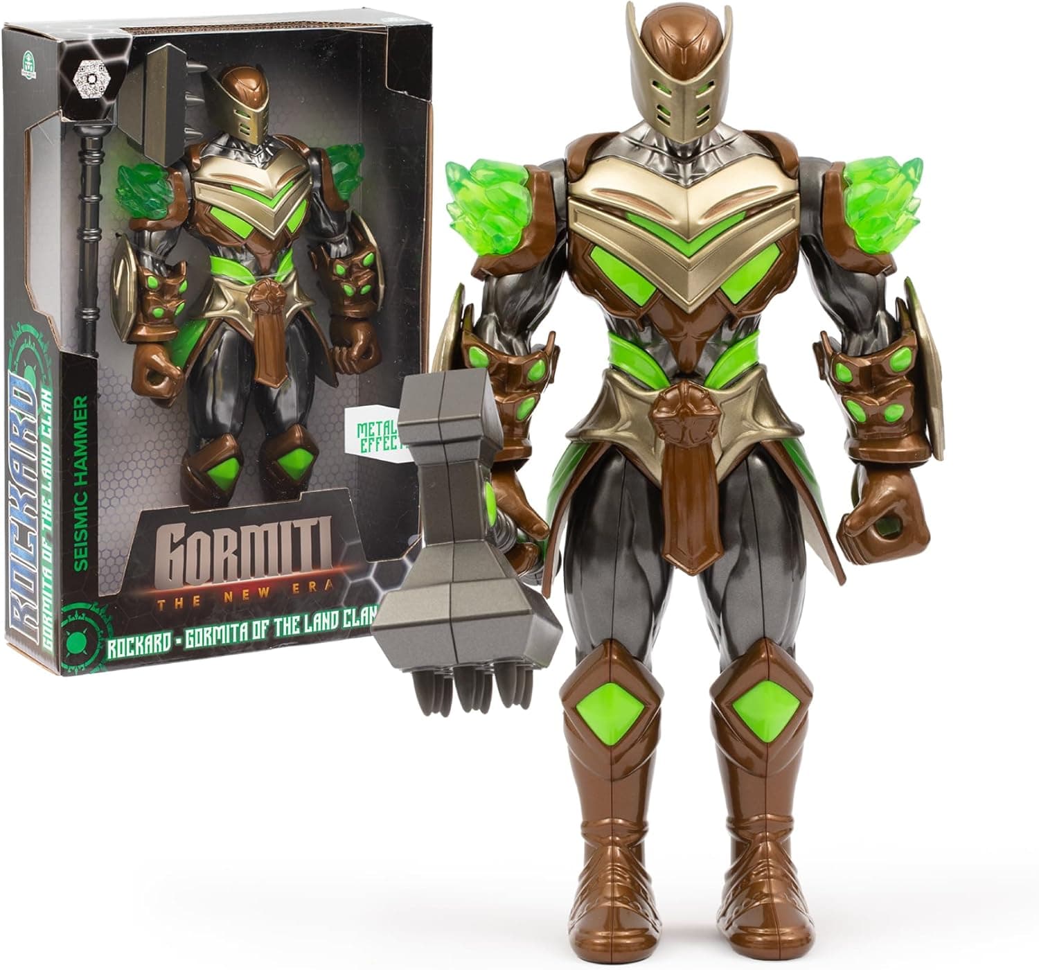 Gormiti - Figura de 27 cm de Rockard com a sua arma martelo sísmico, Gormiti da Nova Era, armadura de remoção e coloca, brilhantes com acabamentos metálicos, 9 pontos de articulação, famosa (GRV06100)