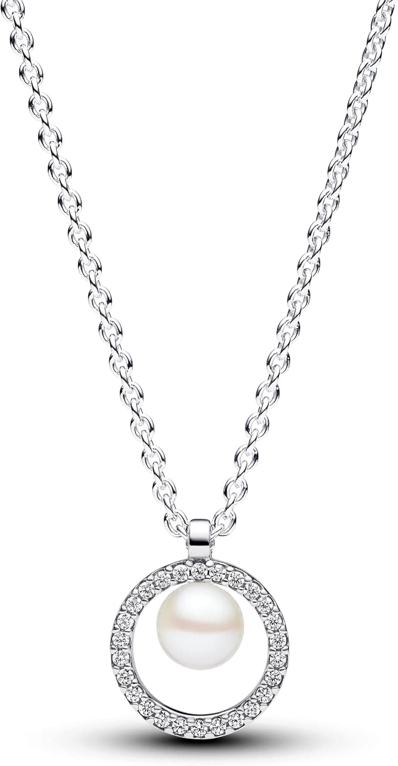Pandora Timeless Sterling Silver Jewelry with White Freshwater Cultured Pearl and Clear Cubic Zirconia necklace