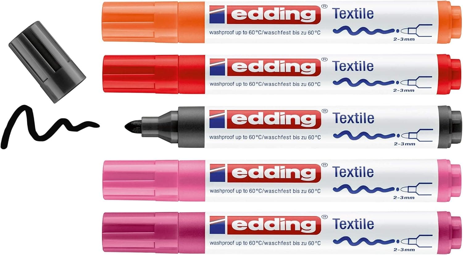 edding 4500 Marcador têxtil - preto, vermelho (2), laranja, rosa, conjunto de 5 - ponta redonda de 2-3 mm, marcadores têxteis permanentes para desenhar em tecidos, resistentes a lavagens até 60 °C