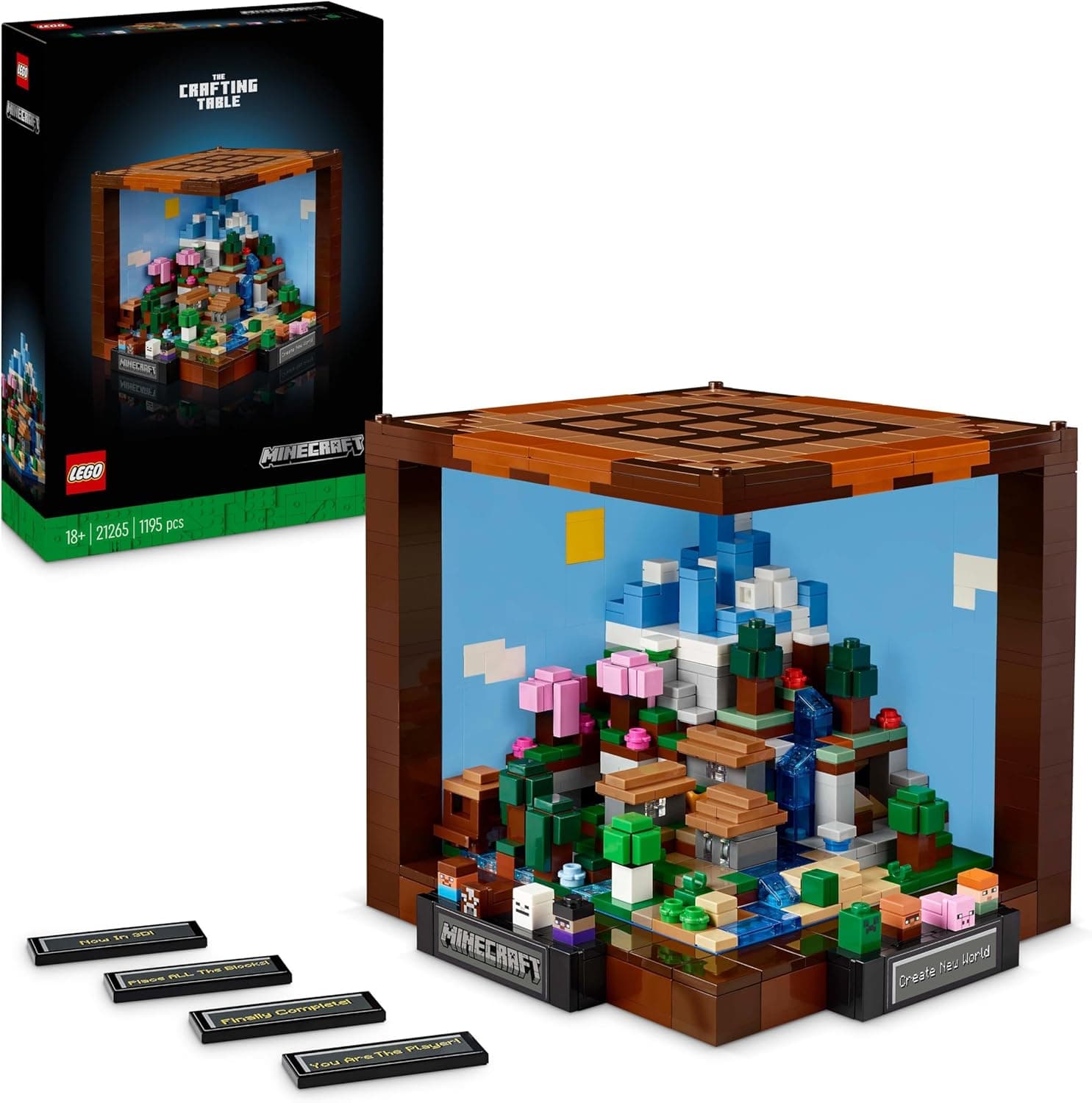 LEGO Minecraft Mesa de trabalho mochila para adultos inspirada no jogo de vídeo, com figras, criaturas e biomas de 15º aniversário, presente para homens e mulheres, decoração de casa 21265