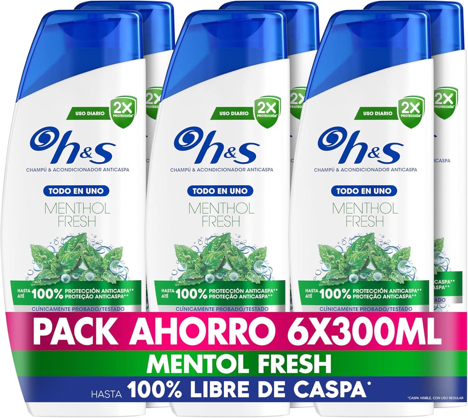 H&S Menthol Fresh Shampoo e condicionador anti-caspa tudo em um, fresco com aroma a mentol, pack de 6 x 300 ml