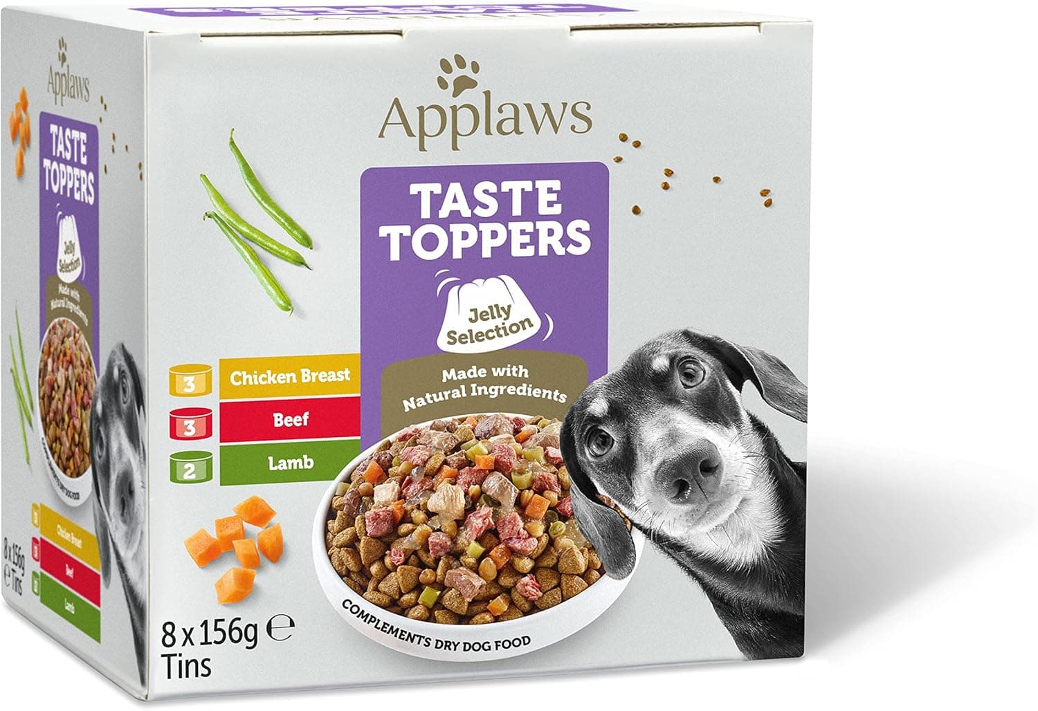 Applaws Complemento de comida húmida para cães natural, variedade de carne sem grãos com legumes em gelatina, embalagem de 8 latas de 156 g