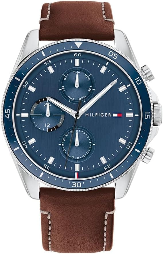 Relógio analógico de quartzo multifuncional Tommy Hilfiger para homens com pulseira de aço inoxidável e couro
