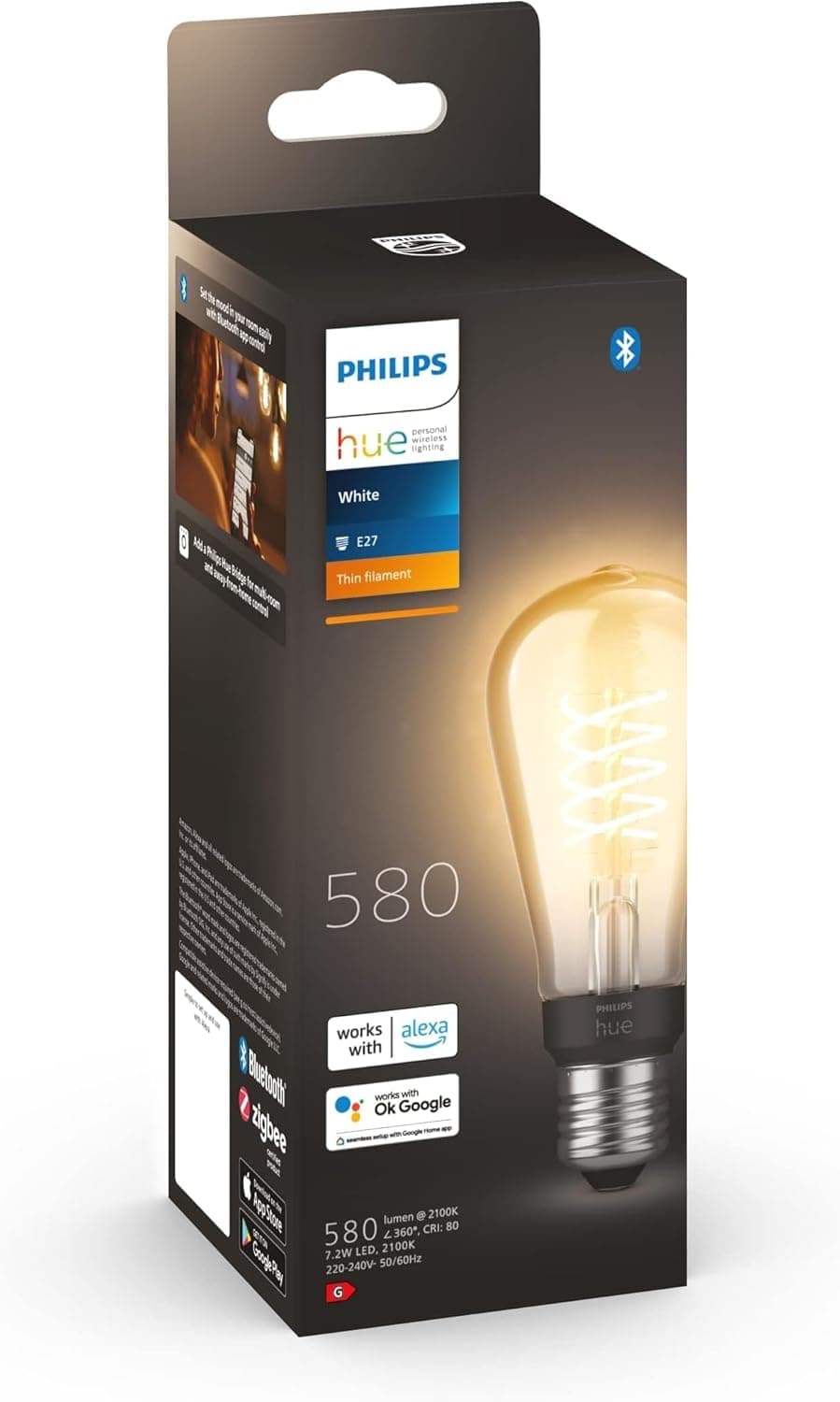 Philips Hue - Lâmpada LED inteligente de filamento, luz branca quente regulável, casquilho E14 tipo ST64 7W 580 lúens, compatível com Alexa e Google Home