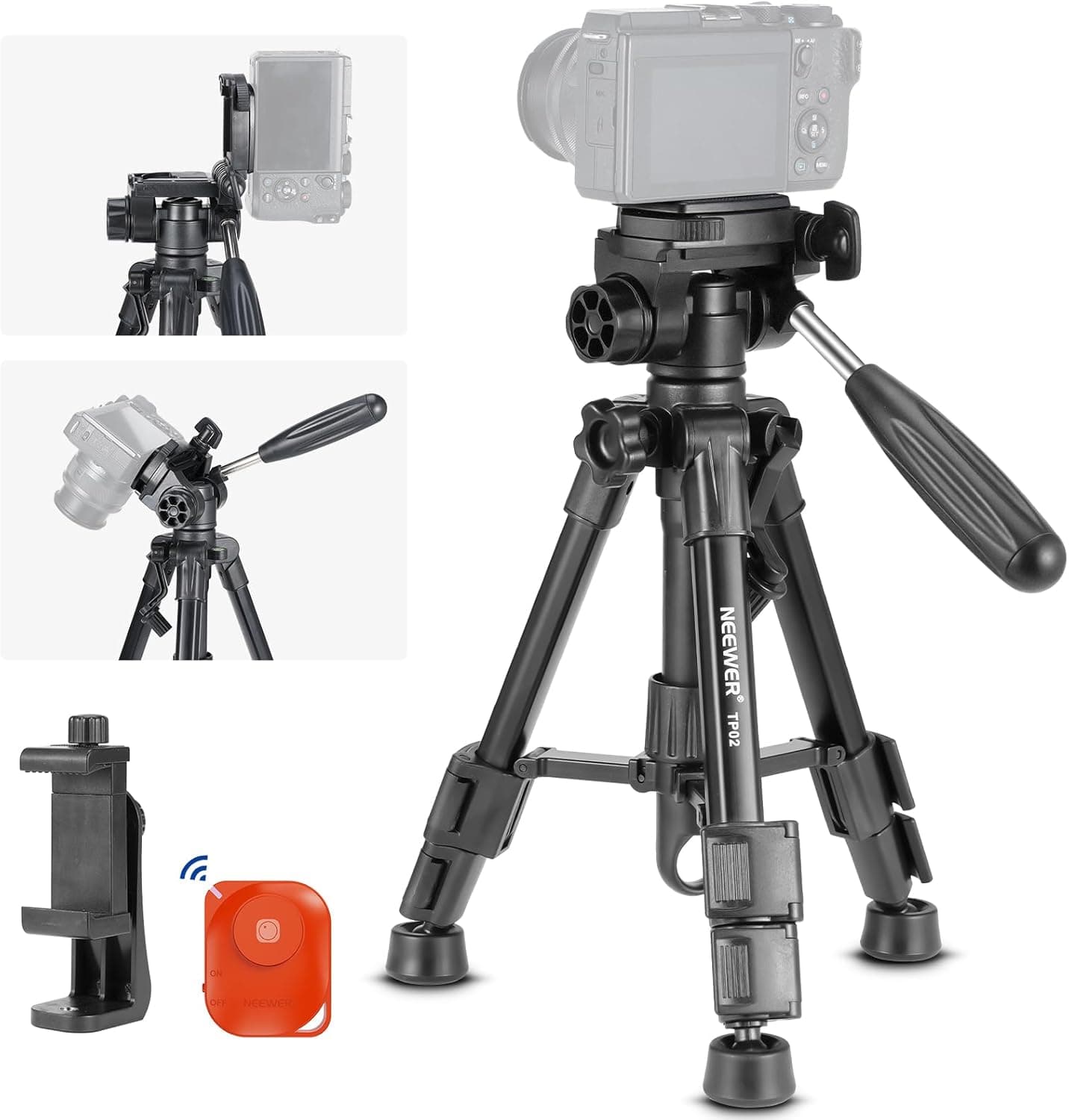 NEEWER Mini base de tripé de mesa para câmara e iPhone com cabeça inclinável de 3 vias, cabo e controlo remoto, tripé portátil com placa de 1/4" para câmara de vídeo DSLR, max 6 kg, TP02