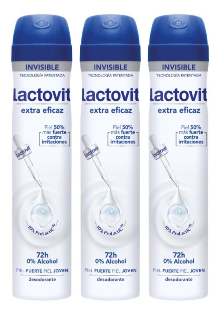  Lactovit - Desodorizante extra eficaz com microcápsulas Protect, 0% álcool, anti-irritações e eficiência 48H, a ambalagem pode variar (embalagem de 3)