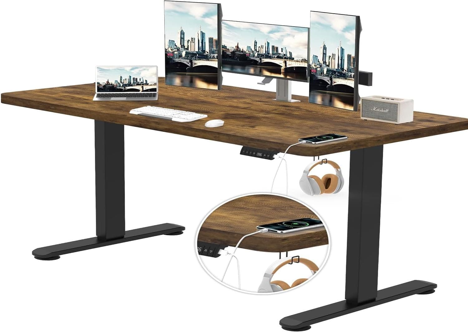 TRIUMPHKEY Mesa regulável em altura, 160 x 80 cm, com controlo de 3 memórias, tomada USB secretária de computador grande anticolisão regulável em altura mesa com rodas vintage castanho