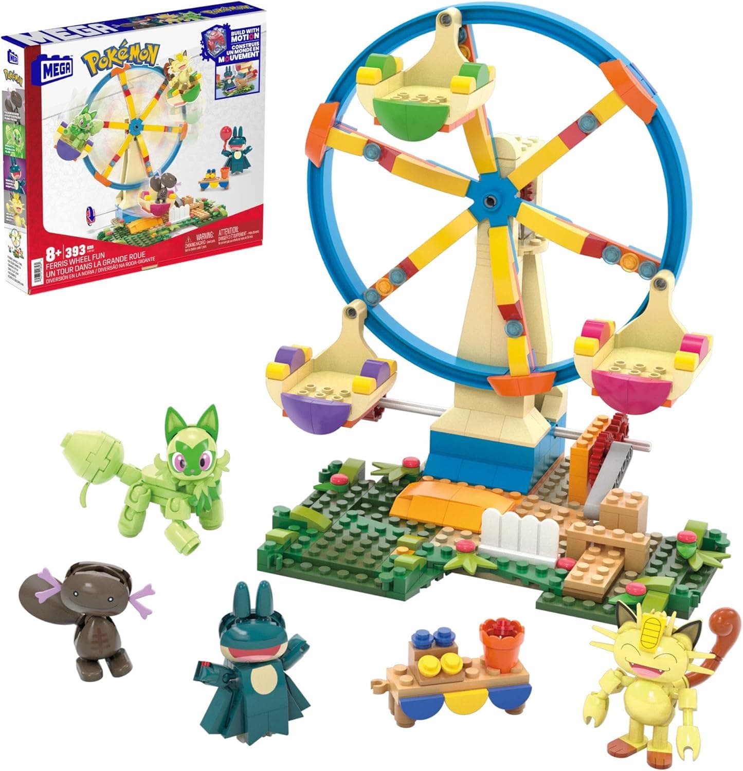 MEGA Pokémon Diversão na roda gigante conjunto de construção com figuras de ação com 4 personagens (Sprigatinho, Munchlax, Meowth e Wooper), 393 blocos de construção, brinquedo + 8 anos (HXF80)