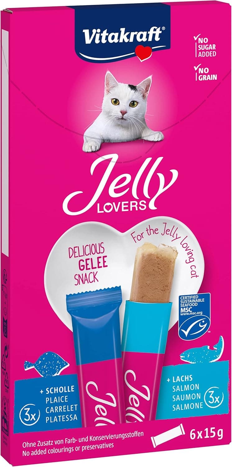 Vitakraft - Jelly Lovers, Snacks de gelatina para gatos, variedade salmão e palhaça, 6 unidades x 15 g