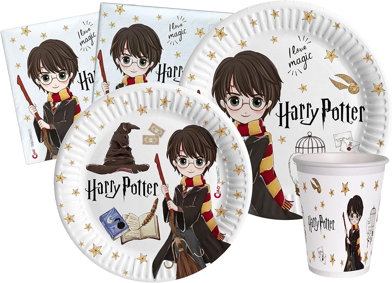 Ciao Kit louça de festa Harry Potter para 24 pessoas (112 unidades: 24 pratos Ø 23 cm, 24 pratos Ø 18 cm, 24 copos 250 ml, 40 guardanapos 33 x 33 cm) de papel compostável eco-friendly