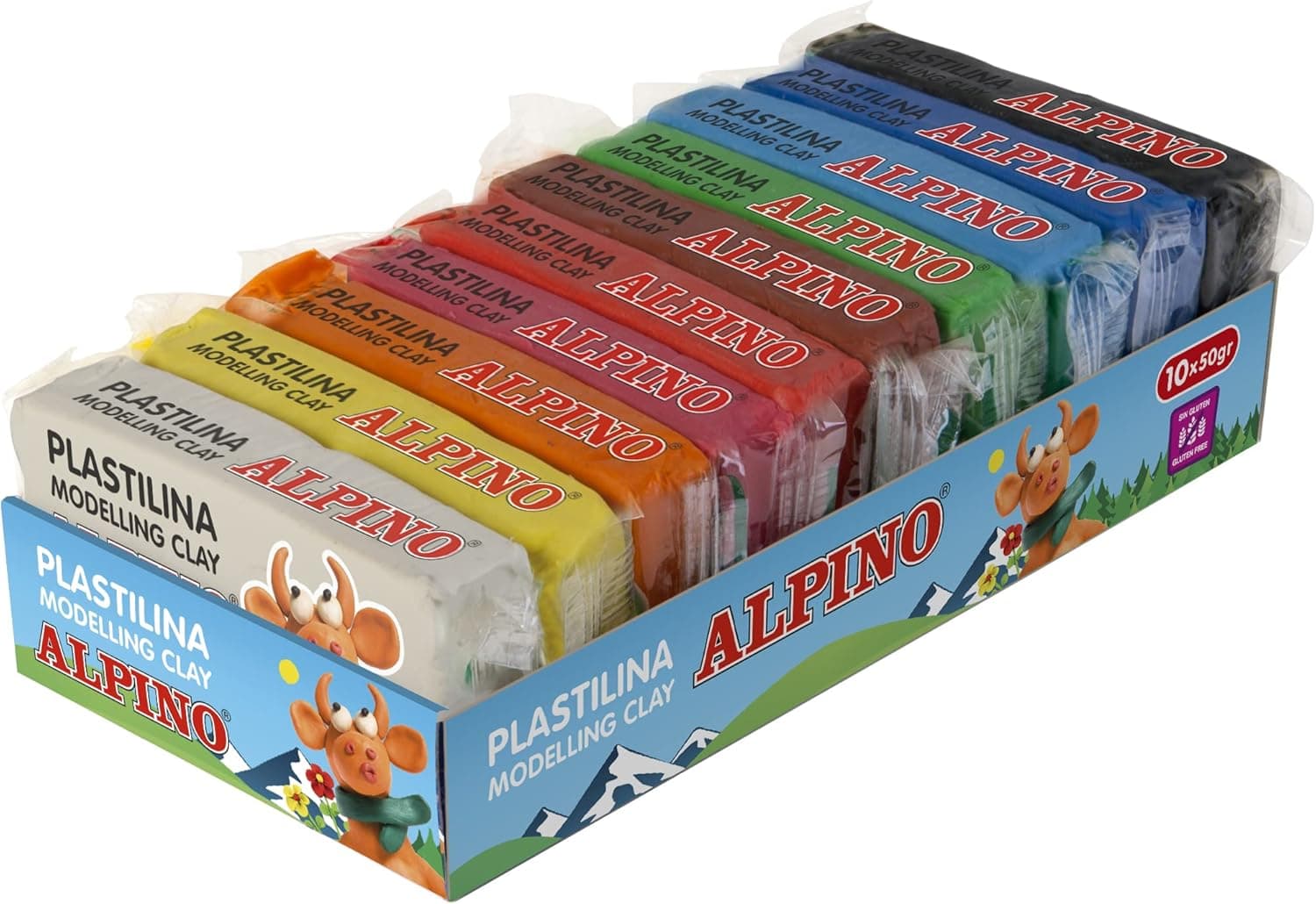 Alpino Plastilina de modelo, não tóxica, kit de 10 unidades, cores brilhantes, pastilhas de plástico flexível para crianças, 50 g