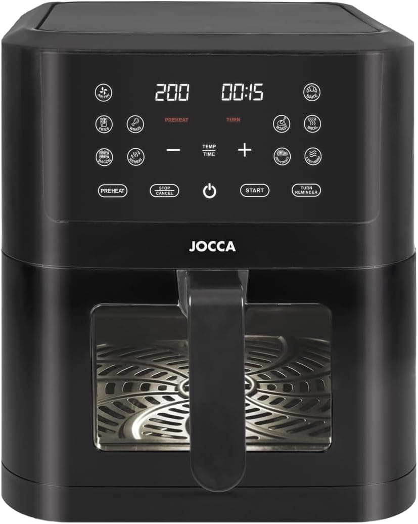 Frigideira digital de ar 8L com janela, 10 programas pré-definidos, temperatura 34 - 200 °C, temporizador 1-24 h, função precalescar e desidratar, desligar automático, ecrã LED tátil