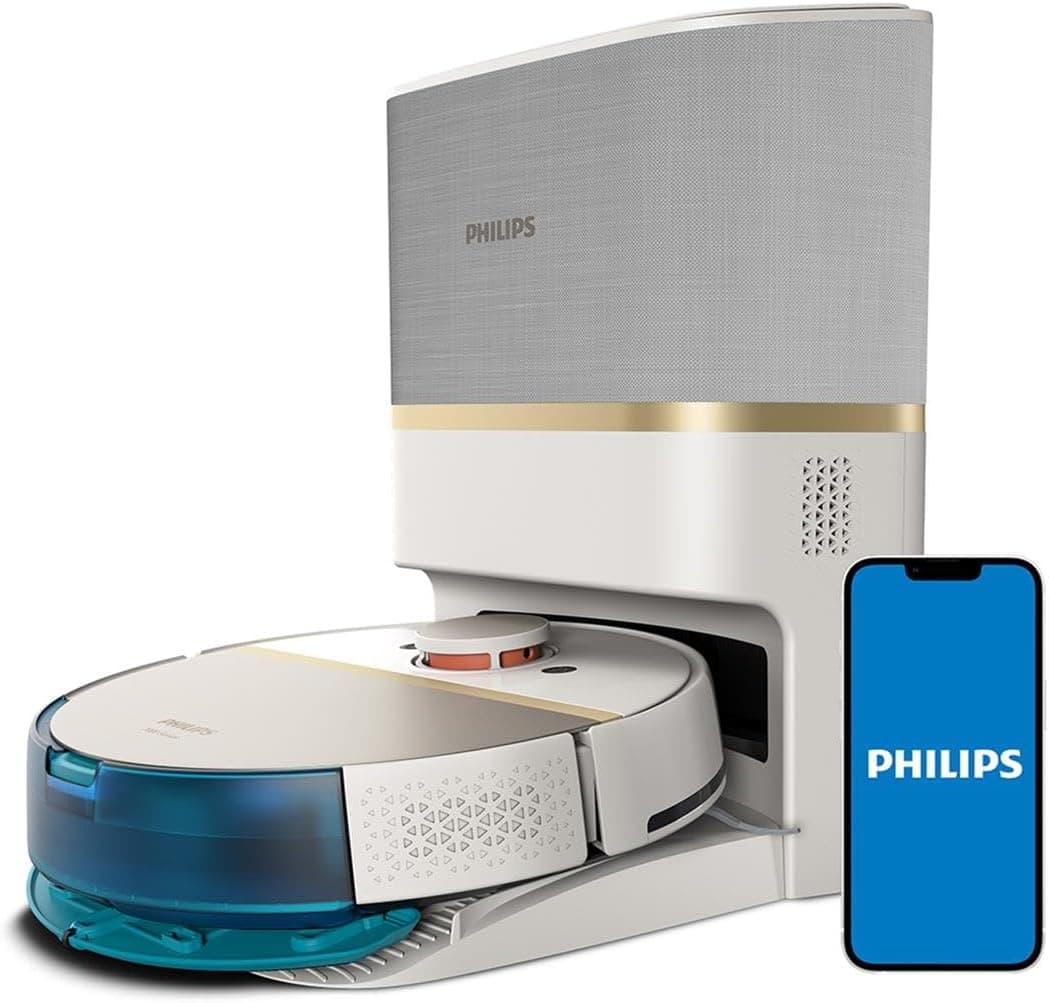Philips Robot Homerun 7000 Aspirador e esfrega-chão, sucção ultrapotente (5000 Pa), deteção de obstáculos pequenos, estação de esvaziamento automático, branco, robot aspirador Homerun App (XU7100/02)