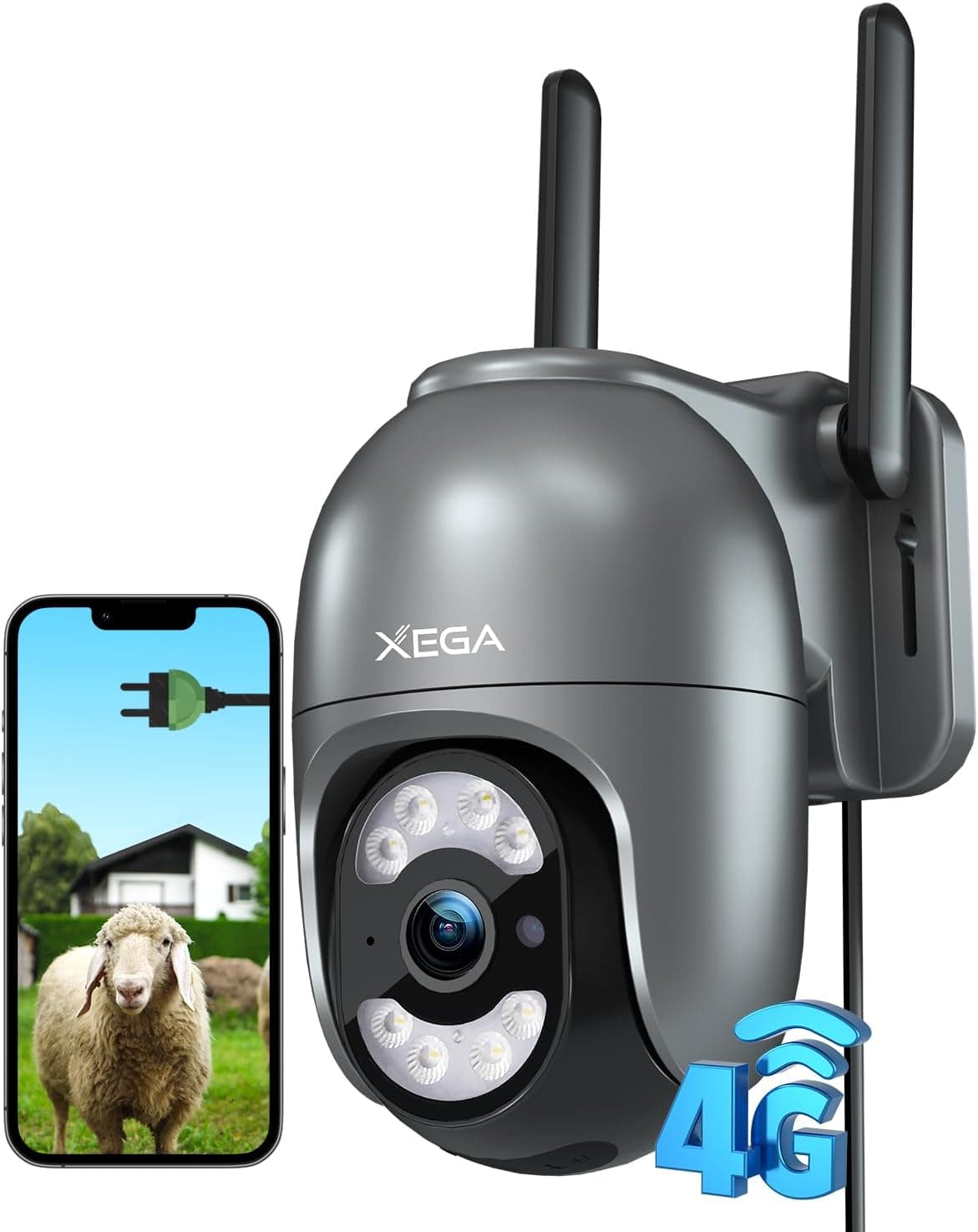 Xega 4G Câmara exterior com cartão SIM, 24/7 gravação contínua câmara vigilância com cabo, PTZ 355°/100°, detecção humana rastreamento automático visão noturna luz som alarme