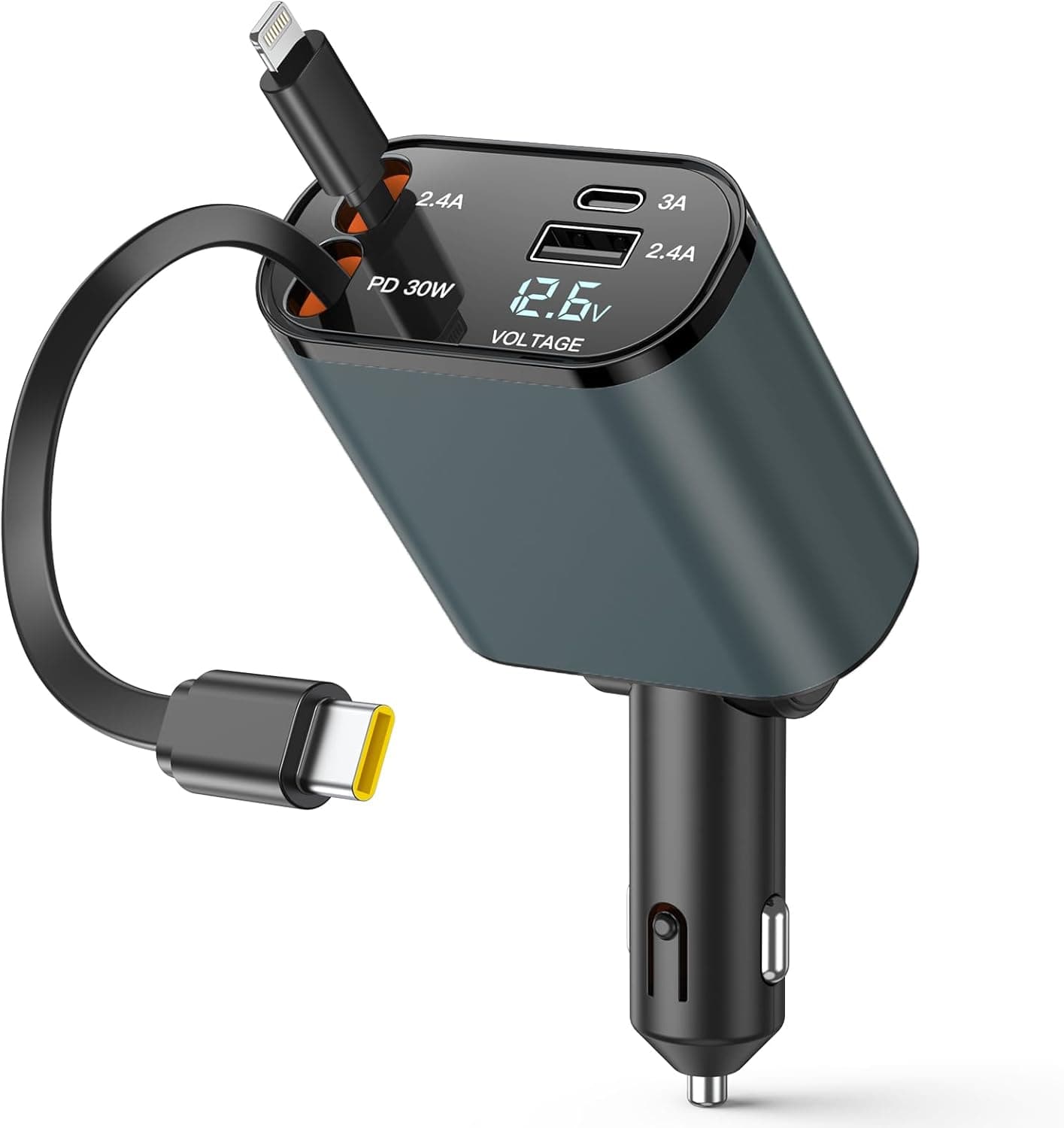Carregador de carro de carregamento rápido 4 em 1 adaptador, 2 cabos retrátil, 69 W com ecrã