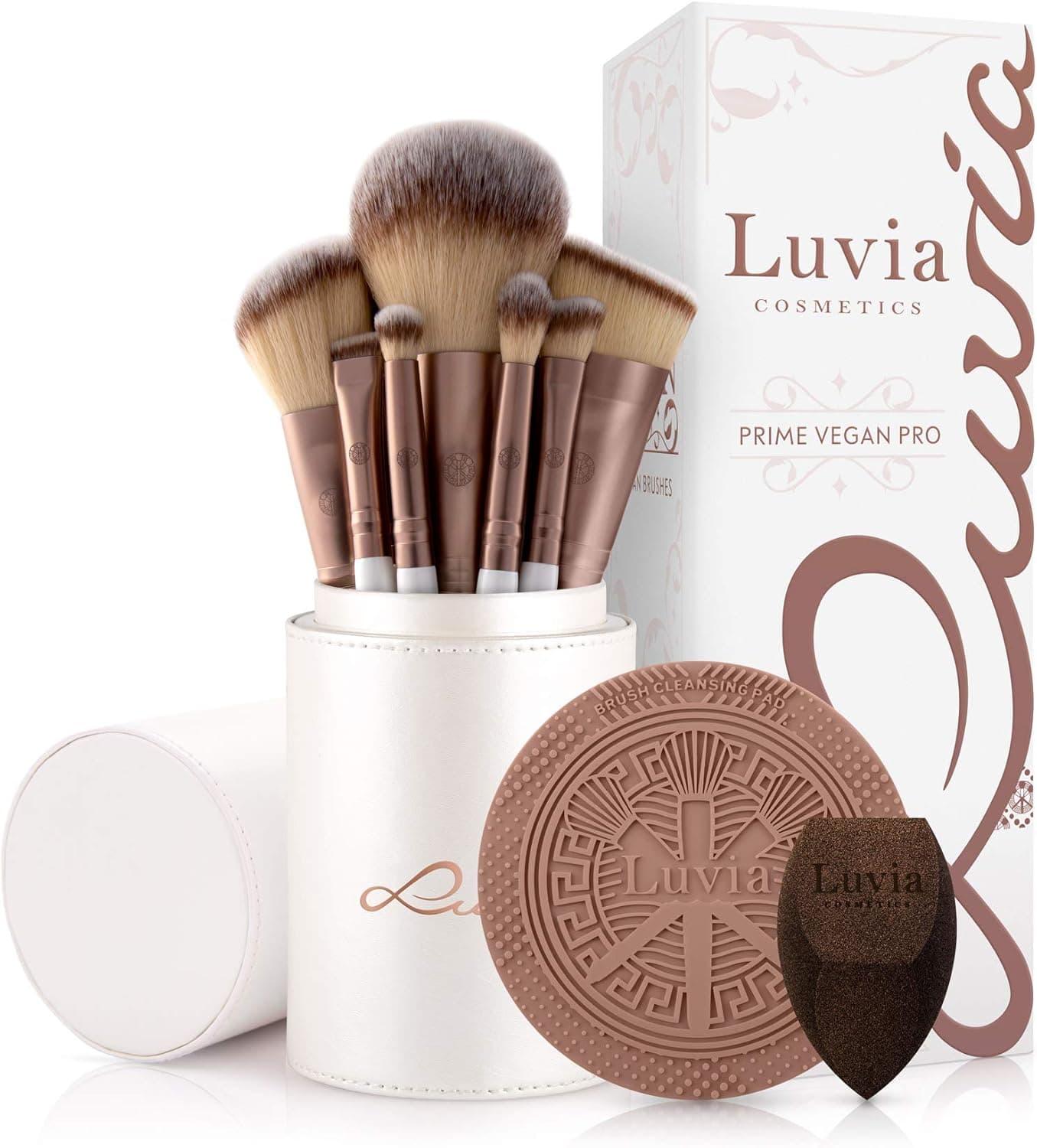 Luvia Prime Vegan Pro Conjunto de pincéis de maquilhagem (12 unidades, inclui suporte para brochas, esponja e tapete de limpeza) Café Nacarado