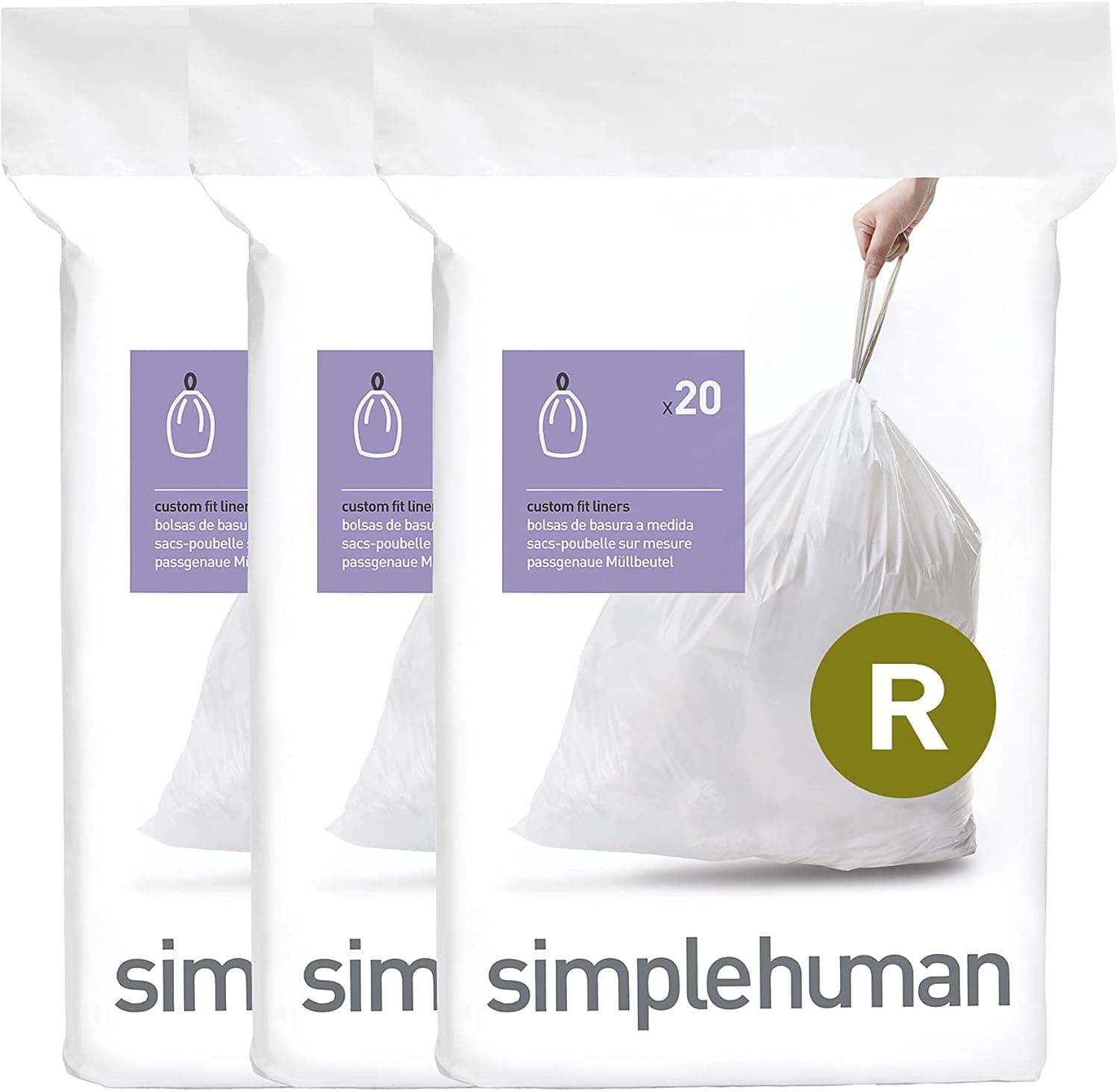 simplehuman CW0253 3 x pacote de 20 sacos de lixo personalizados (60 sacos), código R, plástico branco