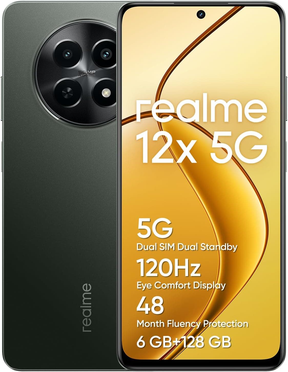 realme Telemóvel 12 x 5G 6 + 128 GB, processador 5G de 6 NM, câmara com IA de 50 MP, design ultrafino de 7,89 mm, grande bateria de 5000 mAh, NFC, preto brilhante, não inclui adaptador