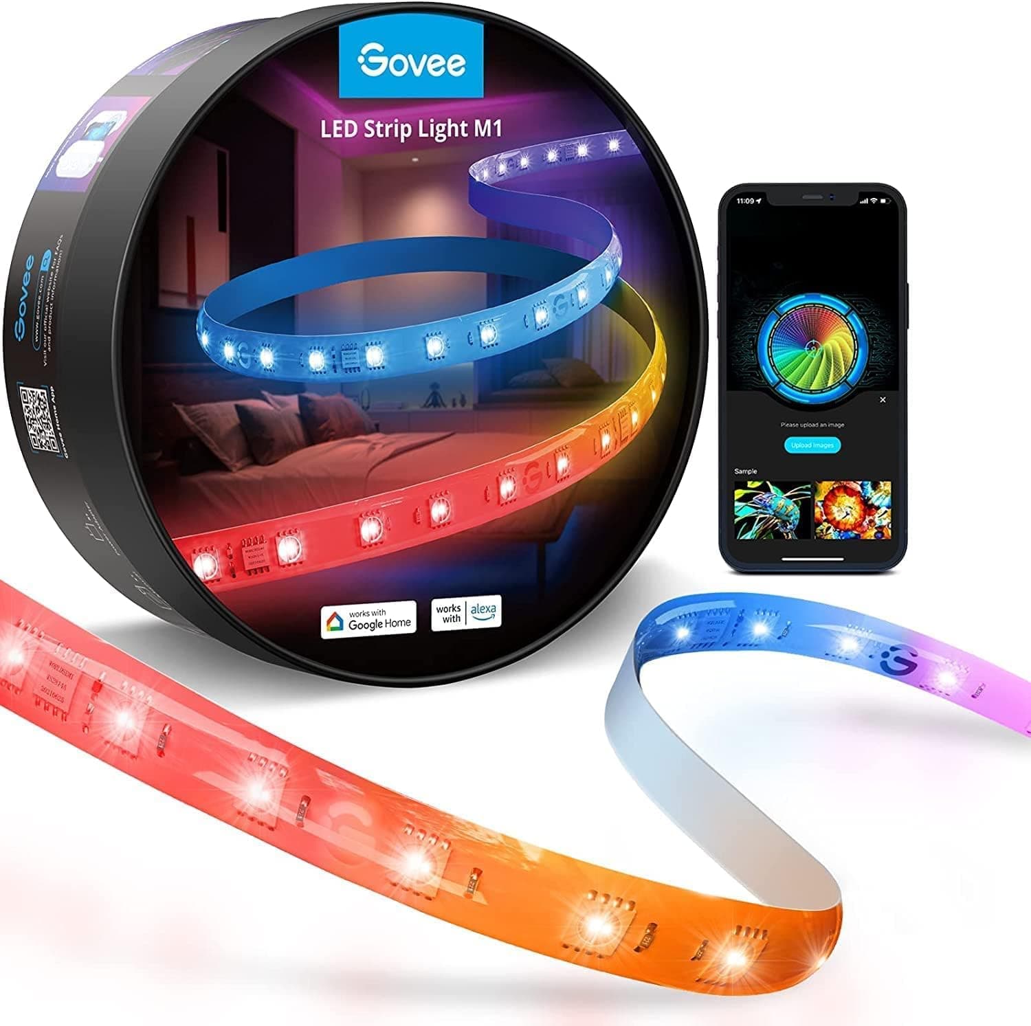Govee Tiras de LED RGBIC M1, tecnologia RGBIC melhorada de 5 m, fita LED WiFi compatível com Alexa, Sync de música, bricolage de várias cores numa linha para quarto, estúdio e armário