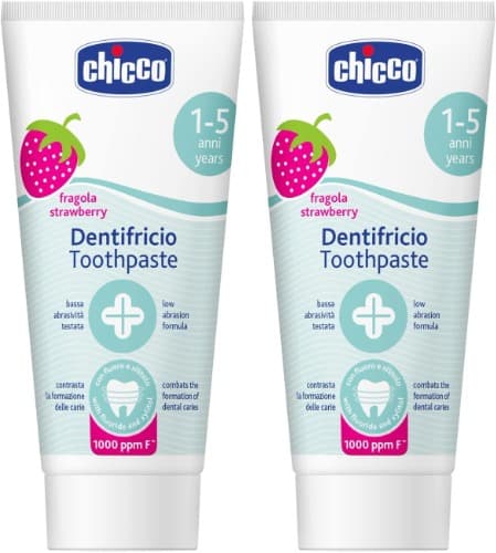 Chicco Pasta de dentes de morango sensível de baixa abrasão com fluor, Xilitol, sem conservantes, ajuda a prevenir cáries e remover placa - para crianças + 1 ano, 50 ml (embalagem de 1)