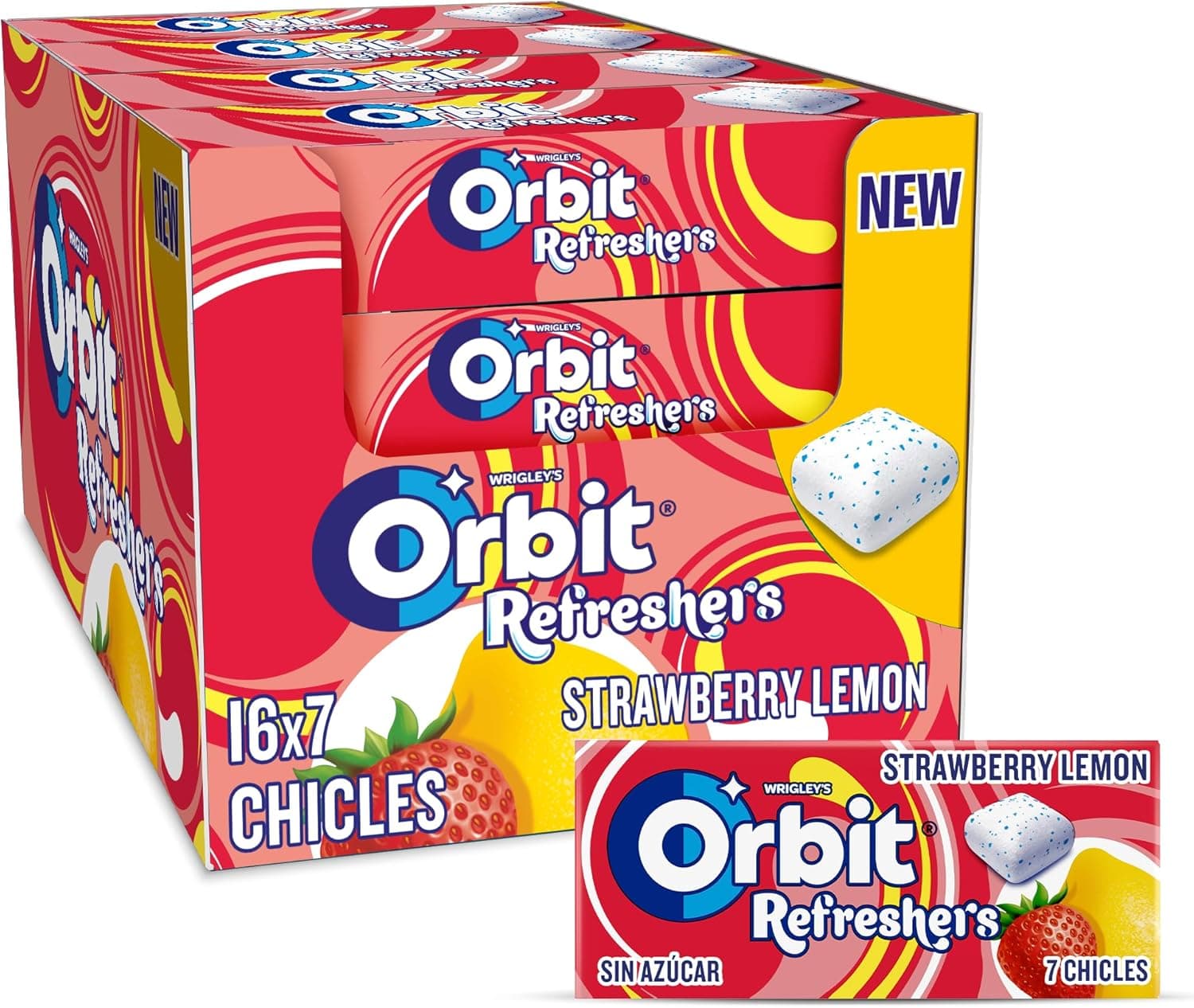 Orbit Refreshers Morango Limão Handypack Chicles sem açúcar em drageias, 16 x 7 unidades