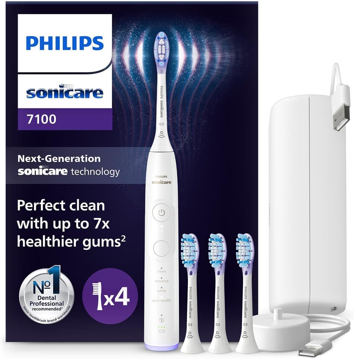 Philips Sonicare 7100 escova de dentes elétrica, sónica com aplicação, 4 modos de escovação e 3 níveis de intensidade, alerta de pressão, SmarTimer, branco, HX7420/08 [nova tecnologia]