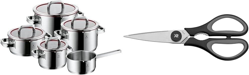 WMF Function 4 Bateria de cozinha, 5 peças com tampas de aço inoxidável Cromargan, adequada & Touch - tesouras de cozinha, aço inoxidável, preto, 21 cm, tesouras para casa