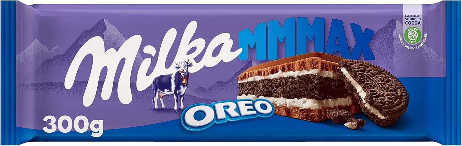 Milka MMMAX Oreo Tablet grande de chocolate com leite dos Alpes com enchimento de bolachas em ouro e camada dupla de enchimento de baunilha 300 g