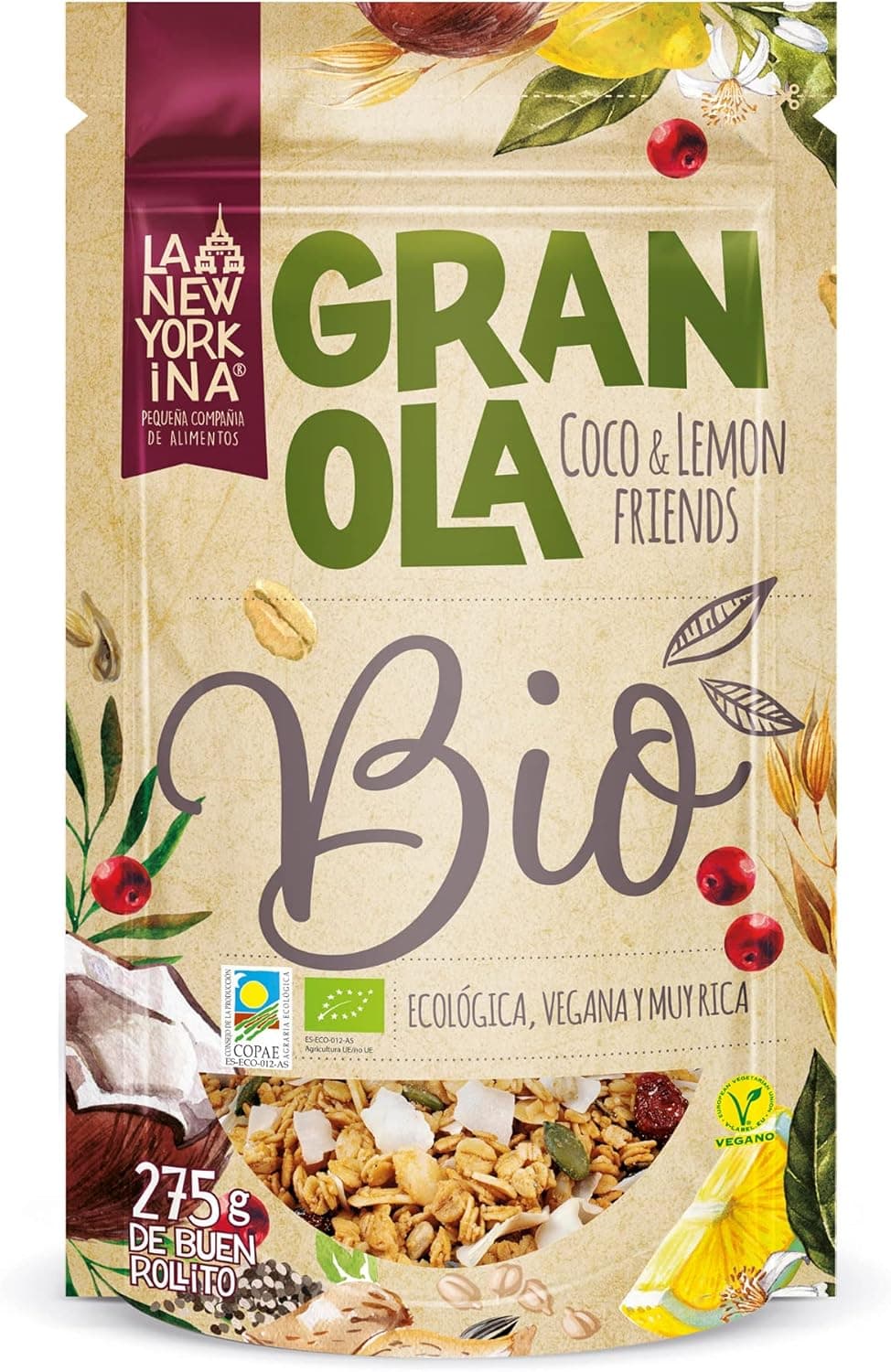 La Newyorkina Granola Coco Lemon Friends 275 g com coco ralado, frutos secos, aveia e azeite virgem extra - vegana, ecológica e crocante