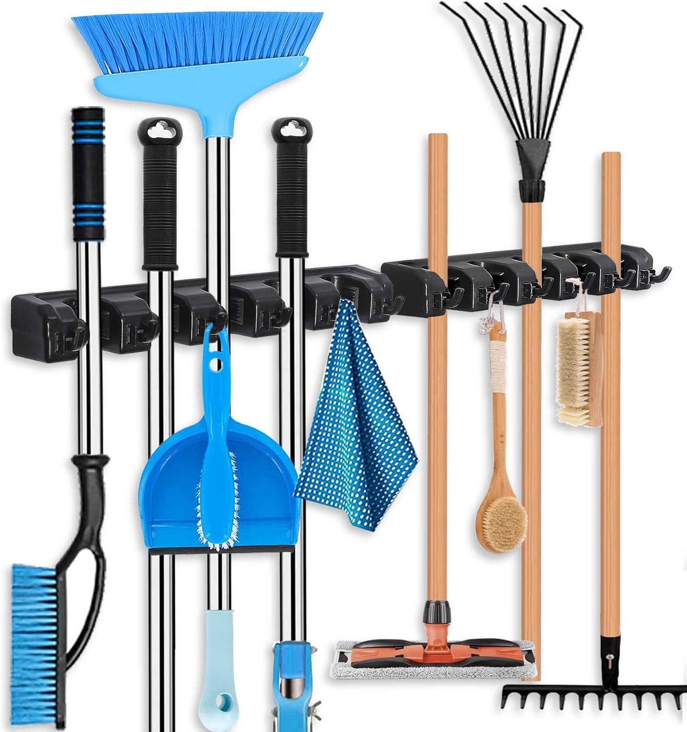 HYRIXDIRECT | Suporte de parede para vassouras e utensílios com ganchos para arrumação de garagem e lavandaria