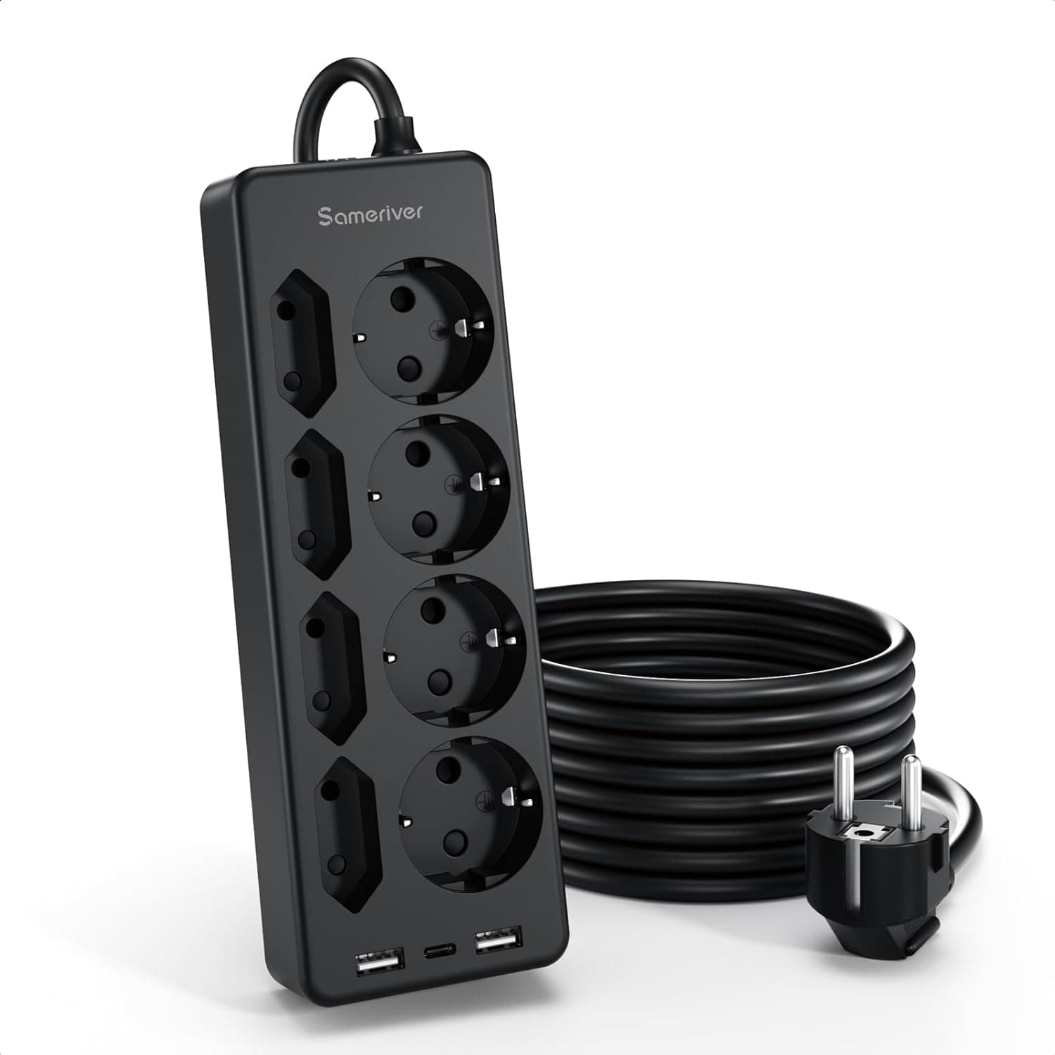 Sameriver ZYC52 | Extensão elétrica com 8 tomadas CA, 3 portas USB (2 A + 1 C), proteção contra picos, cabo de 2 m e interruptor integrado.