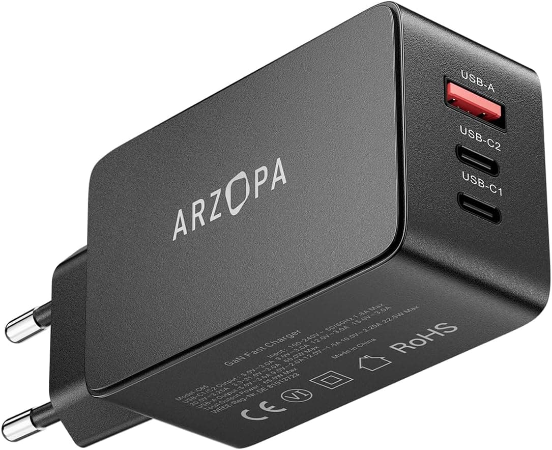 ARZOPA 65W Carregador USB C rápido PD3.0 GAN carregador portátil 3 portas tomada USBC carregador móvel múltiplo tipo C compatível com iPhone 15/14/13, Galaxy S24/S23/S22, MacBook/iPad, DELL XPS, Pixel