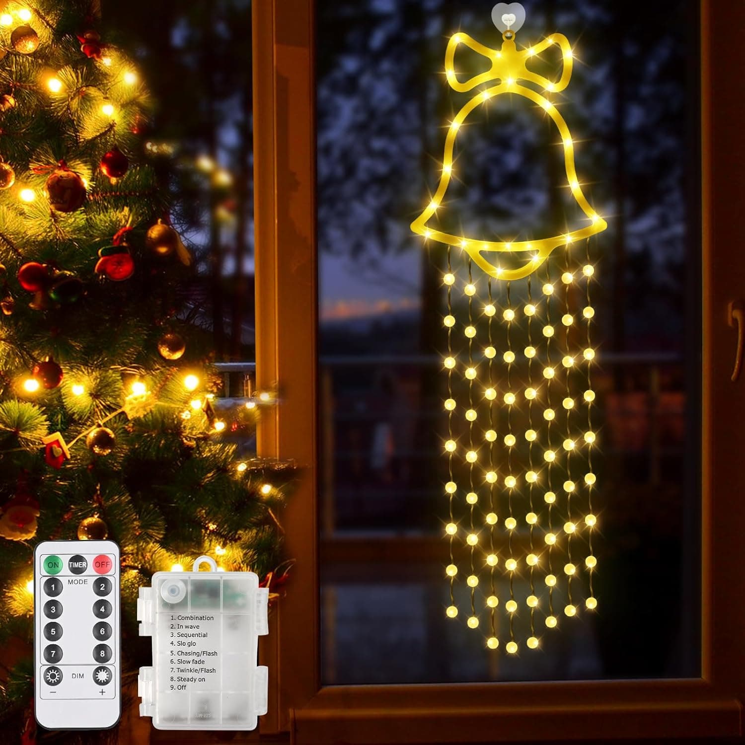 Janela de luzes natalícias, Diealhes Shine branco quente 8 modos sinos luzes de fadas janela natalícia com pilhas, janela de decoração natalícia para interiores