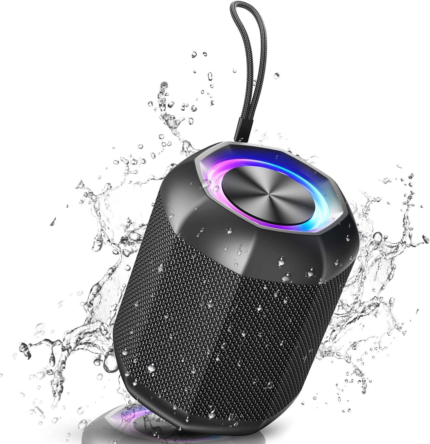VOSFEEL Coluna Bluetooth sem fios portátil 5.1, subwoofer com luz envolvente, emparelhamento estéreo duplo, resistente à água IPX6, 18 HS de duração, adequado para exteriores / festas/viagens