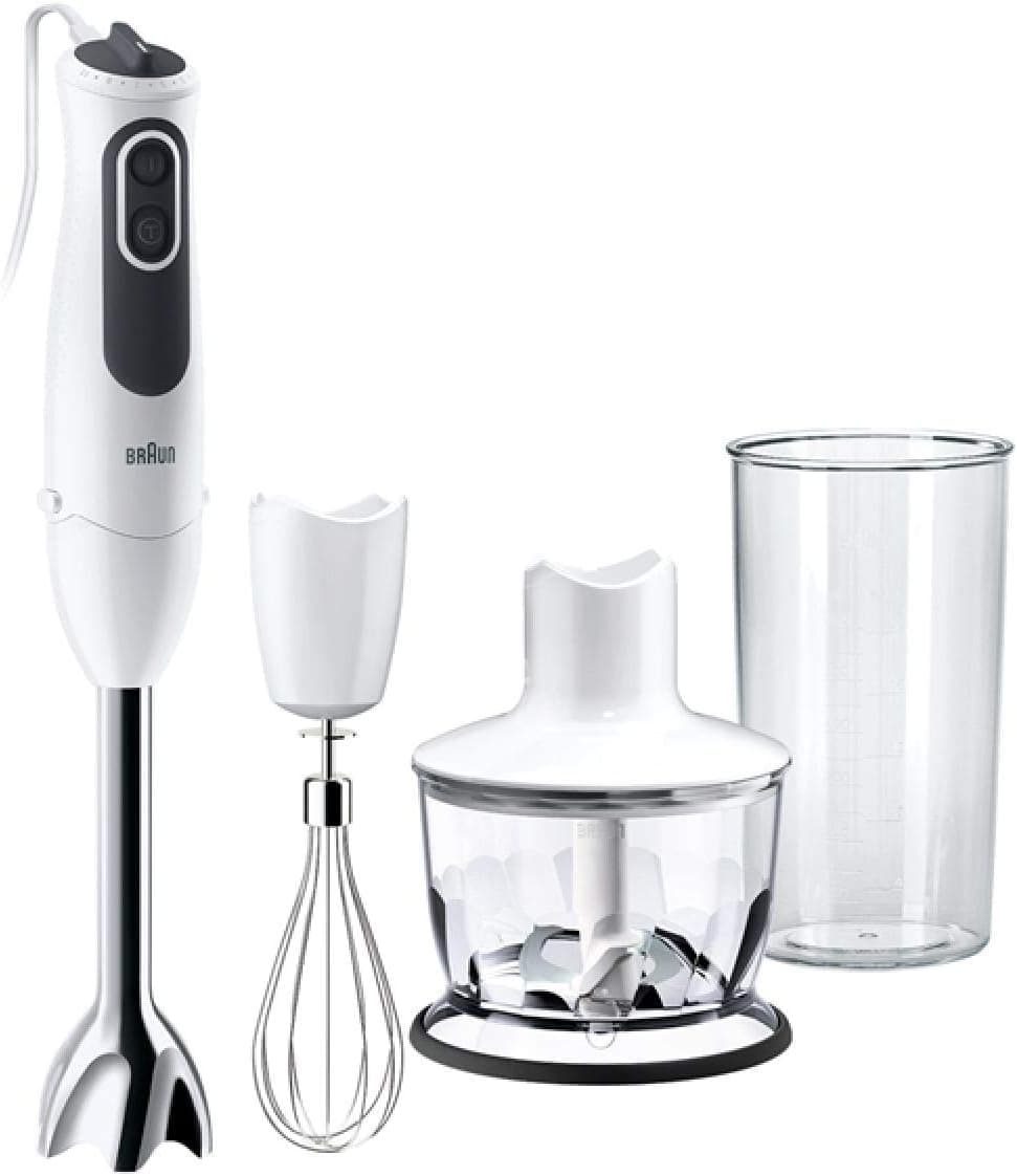 Braun Casa Batedeira de mão elétrica, anti-salpicos, PowerBell Plus, braço de metal, copo medidor de 600 ml, mini picadora de 350 ml, varetas, branco, 750 W