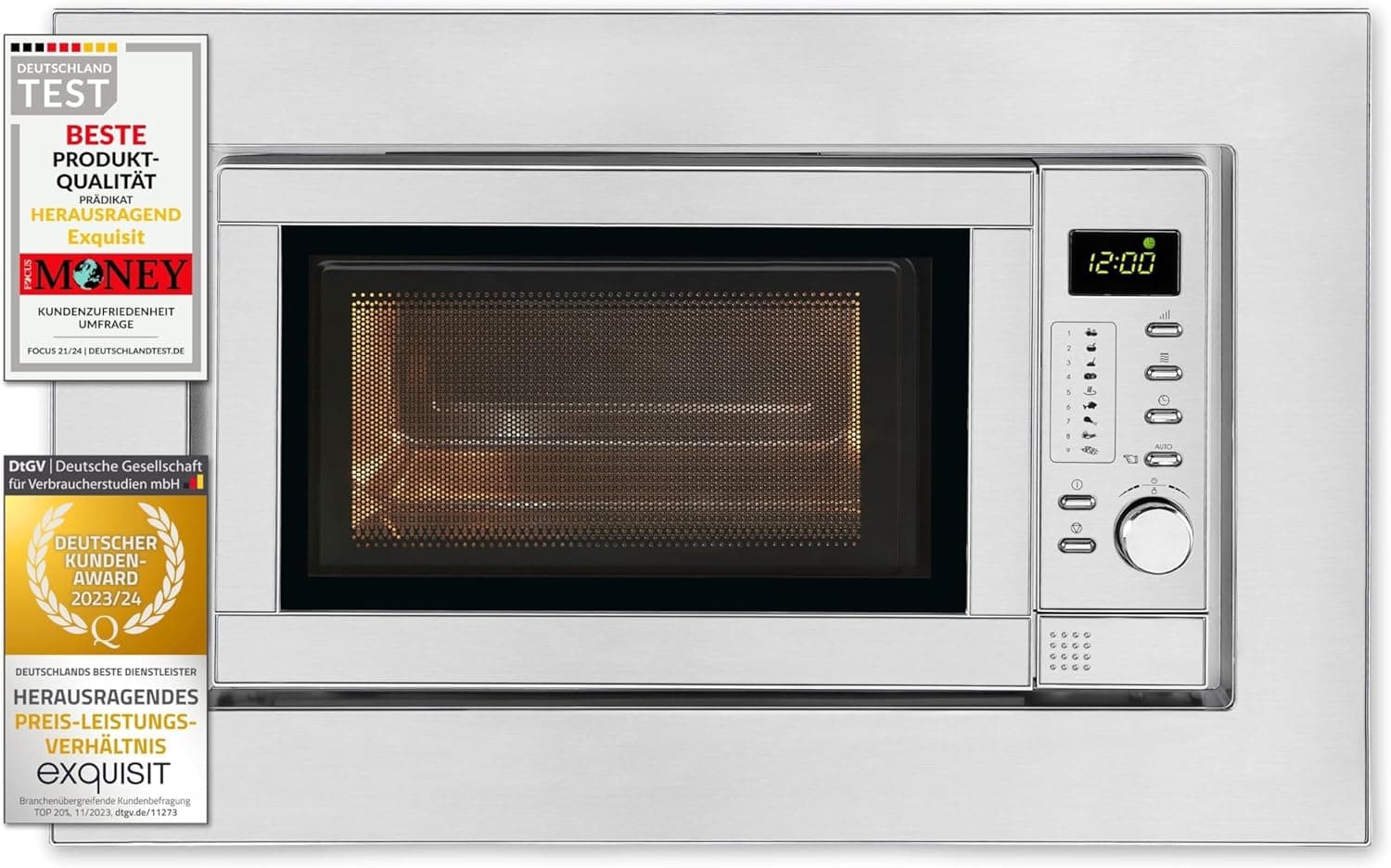 Exquisit Microondas Combi de Encastre, 19 L, 700 W, Grill 900 W, material aço inoxidável, exibição digital, prato de 24,5 cm, função de descongelação, temporizador 95 Min, medidas 29 x 45, 2 x 33,5 M