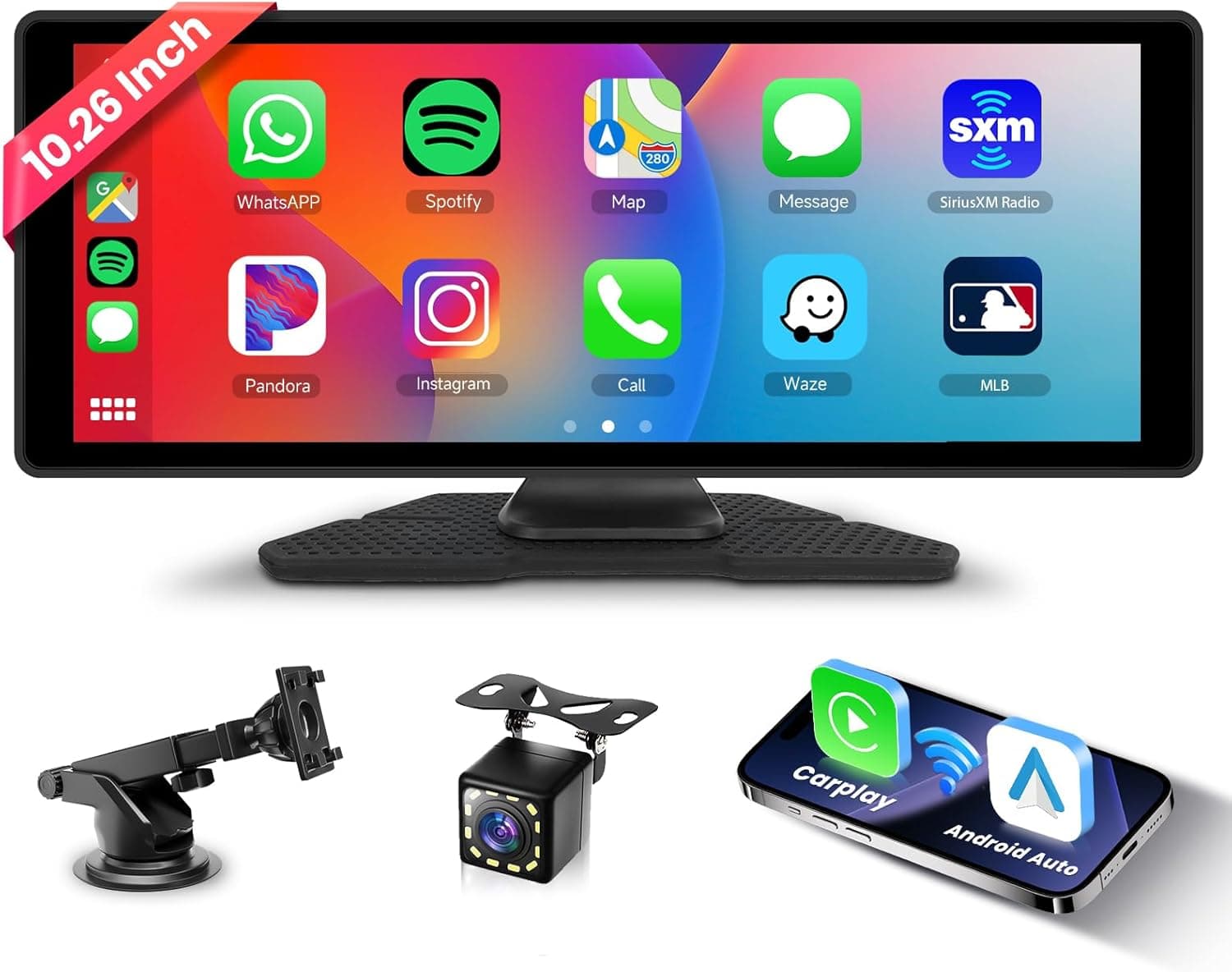 Hodozzy EF4B47FB | Rádio portátil para carro com ecrã tátil IPS de 10,26 polegadas, CarPlay e Android Auto sem fios, Bluetooth e câmara de marcha atrás
