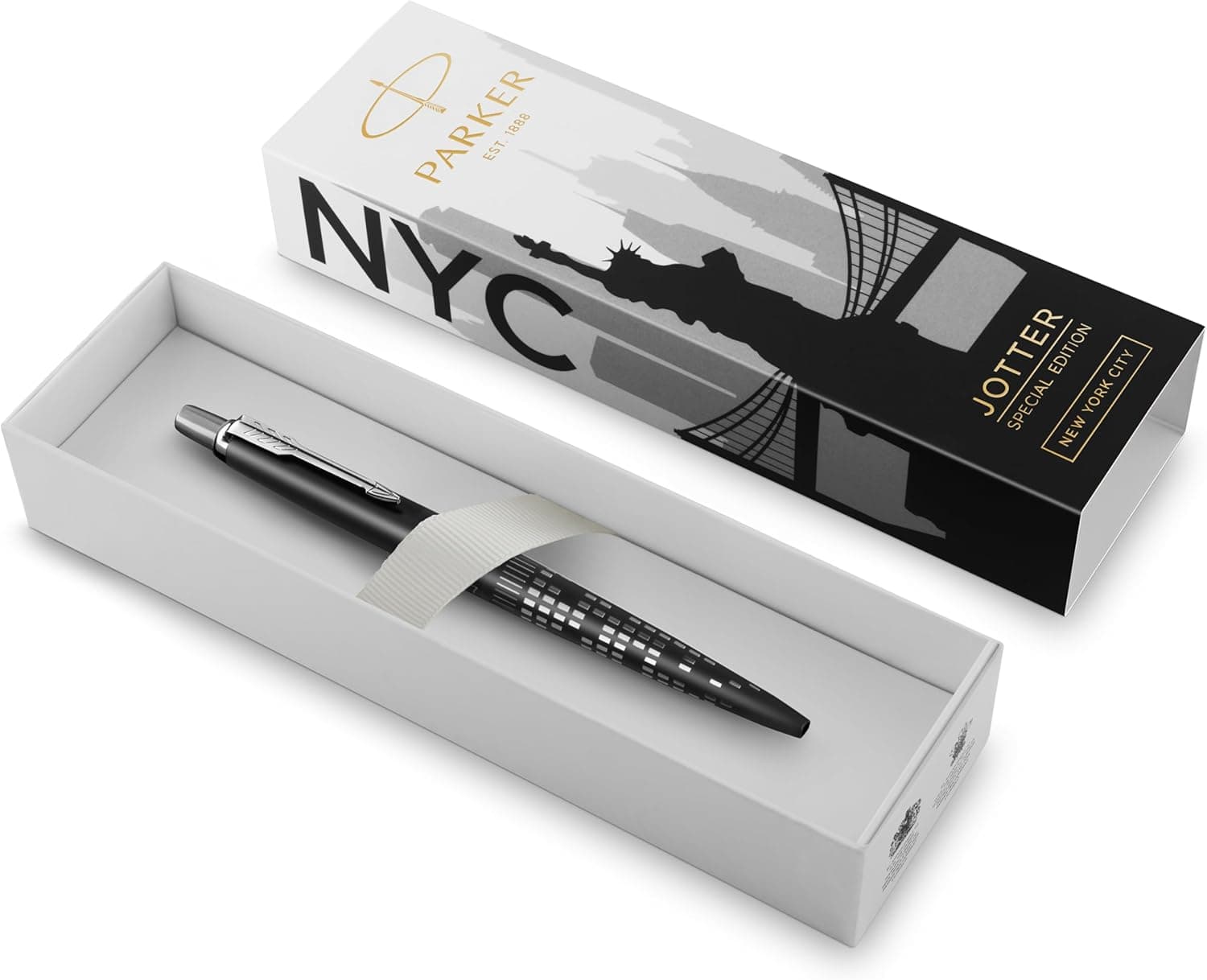 Parker Jotter Caneta esferográfica | edição especial, NYC preto com detalhes cromados, tinta azul, estojo de presente
