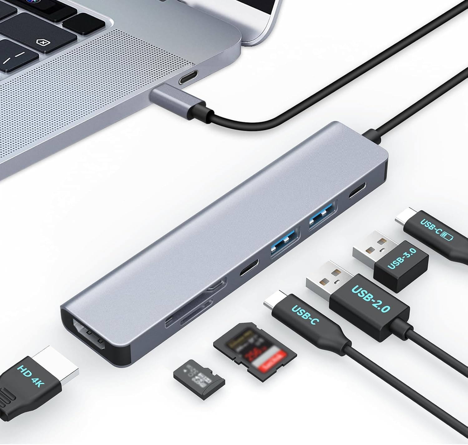 Moman Docking Station USB, hub USB C 7 em 1, com 100 W PD, 4 K@30 Hz HDMI, 5 Gbps USB 3.0, USB 2.0, USB C, leitor de cartões SD/TF para rato, teclado, disco U, disco rígido, telemóvel