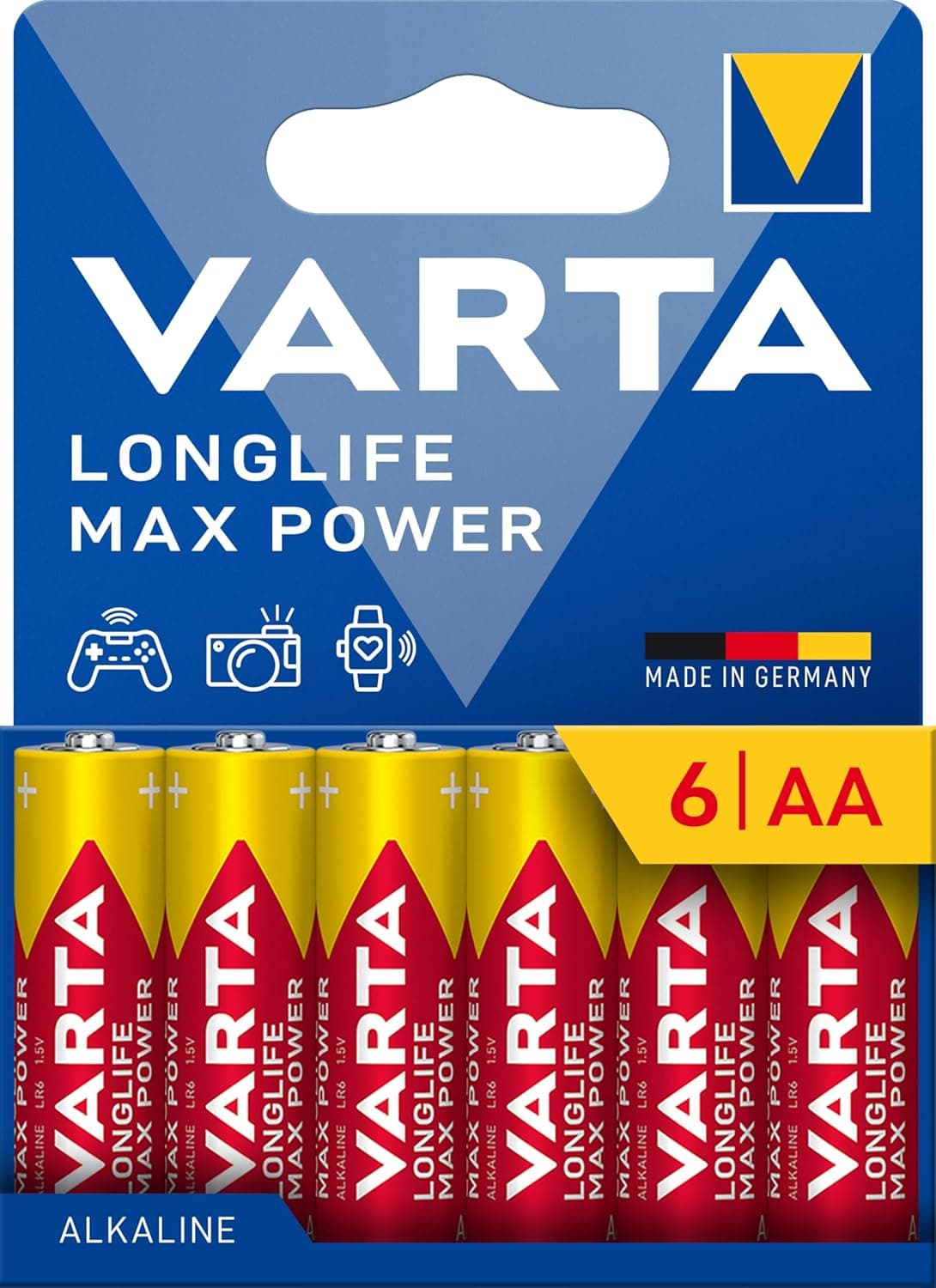 VARTA Longlife MAX Power - pilhas alcalinas AA (6 unidades, 1,5 V, ideal para câmara digital, controlador, monitor de pressão arterial, embalagem sem plástico)