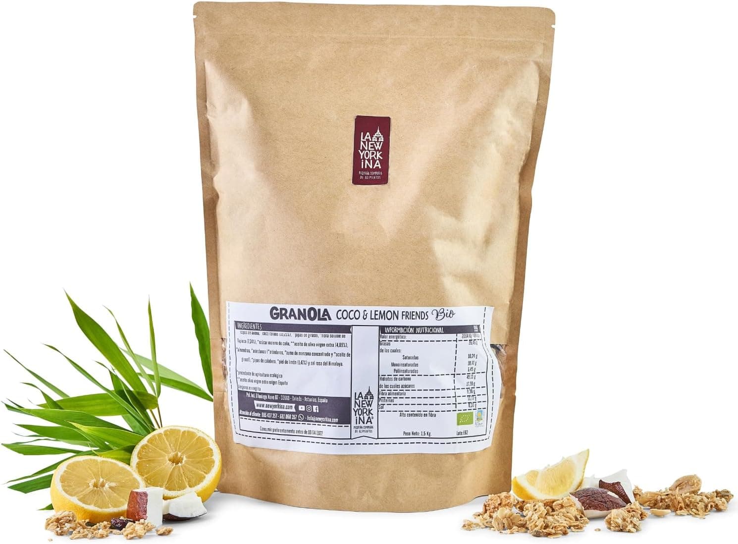 La Newyorkina Granola Coco Lemon Friends 1,5 kg com coco ralado, frutos secos, aveia e azeite de oliva virgem extra vegana, ecológica e crocante