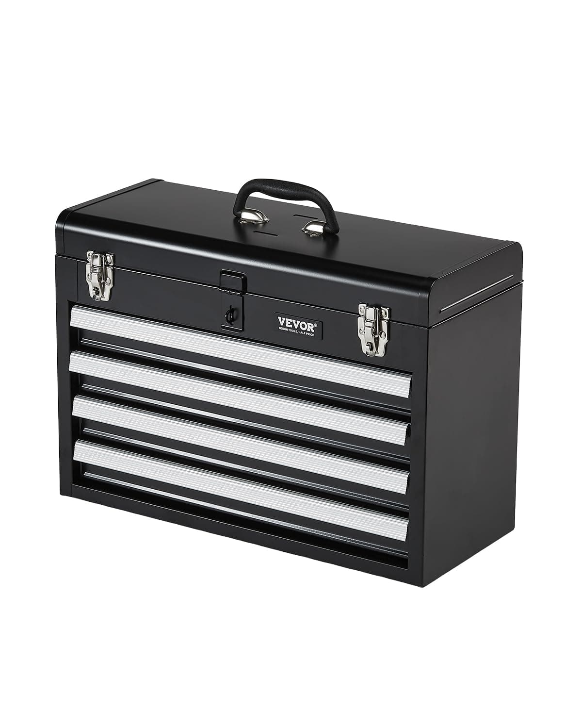 VEVOR Caixa de ferramentas portátil de metal 520 x 218 x 361 mm, baú de ferramentas pequeno com 4 gavetas e revestimento em EVA, gavetas deslizantes com rolamentos de esferas com fecho, preto