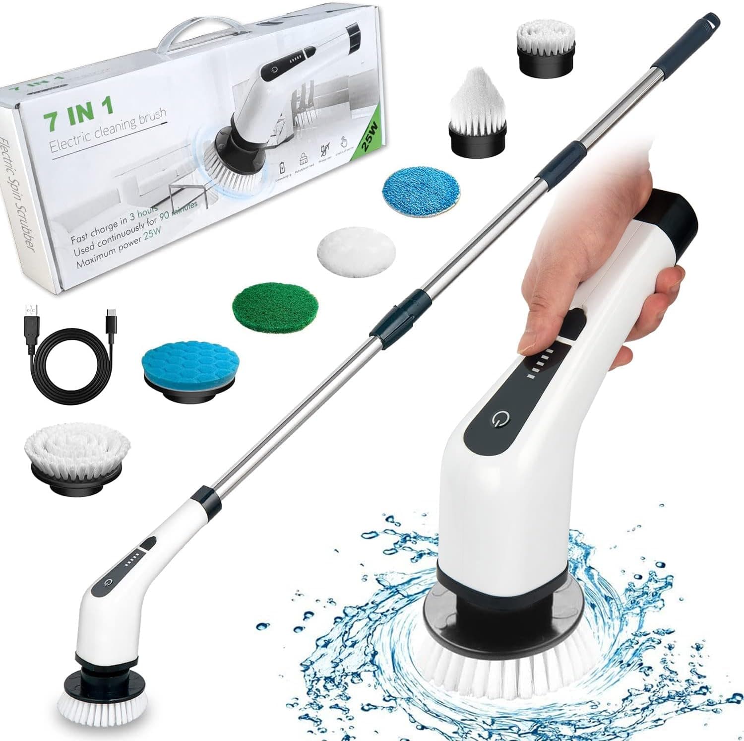 Lavadora giratória elétrica, escova de limpeza sem fios para chuveiro com 7 cabeças de escova substituíveis, esfregona elétrica com pega ajustável para casa de banho, cozinha, carro (branco)