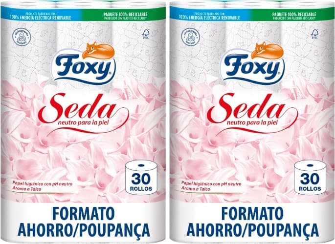 Foxy Seda | Papel higiénico de 30 rolos | 173 serviços por cada rolo | Neutro para a pele | Certificação FSC | 100 % energia elétrica renovável, embalagem reciclável produzida com plástico reciclado