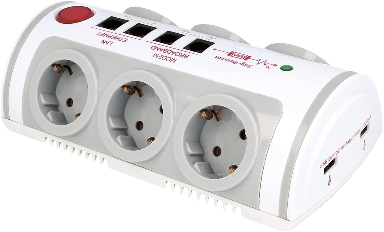 Amig - Base múltipla Mod.5500 com 6 tomadas ou tomadas Schuko com tomada de terra e interruptor 2 tomadas USB | proteção contra picos de tensão e sobreaquecimento e proteção infantil