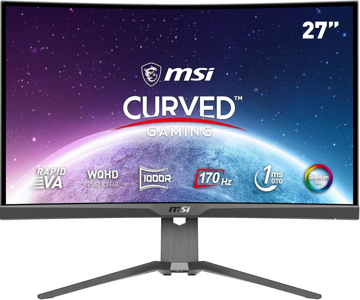MSI mag 275CQRF-QD - Monitor Curvo Gaming de 27" WQHD 2560 x 1440, Rapid VA Panel, 170Hz / 1ms GTG, AMD FreeSync Premium, HDR Ready, Quantum Dot, Curvatura 1000R, Color Negro