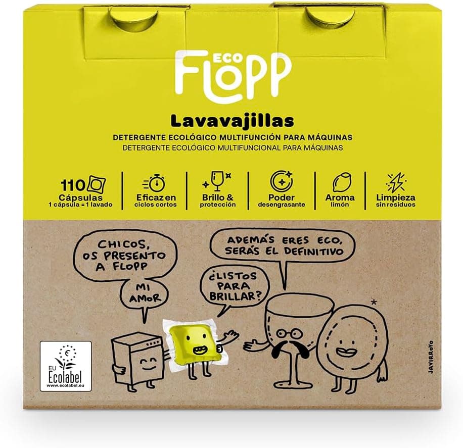 Flopp - Cápsulas de máquina de lavar louça, ecológicas, 110 cápsulas com embalagem biodegradável, etiqueta UE ecológica, brilhantador com proteção de vidro, fórmula vegana