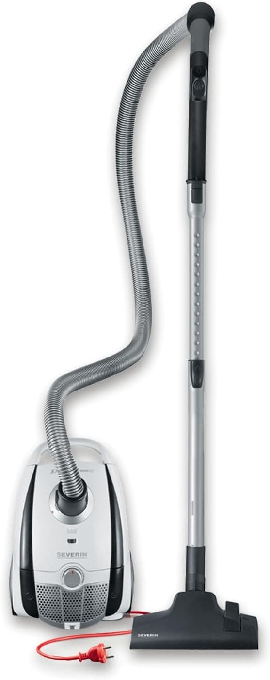 Severin BC 7035, Aspirador de chão com bolsa, inclui cabeça para parquet e conjunto de 2 acessórios, S´POWER snowlight, branco e cinzento