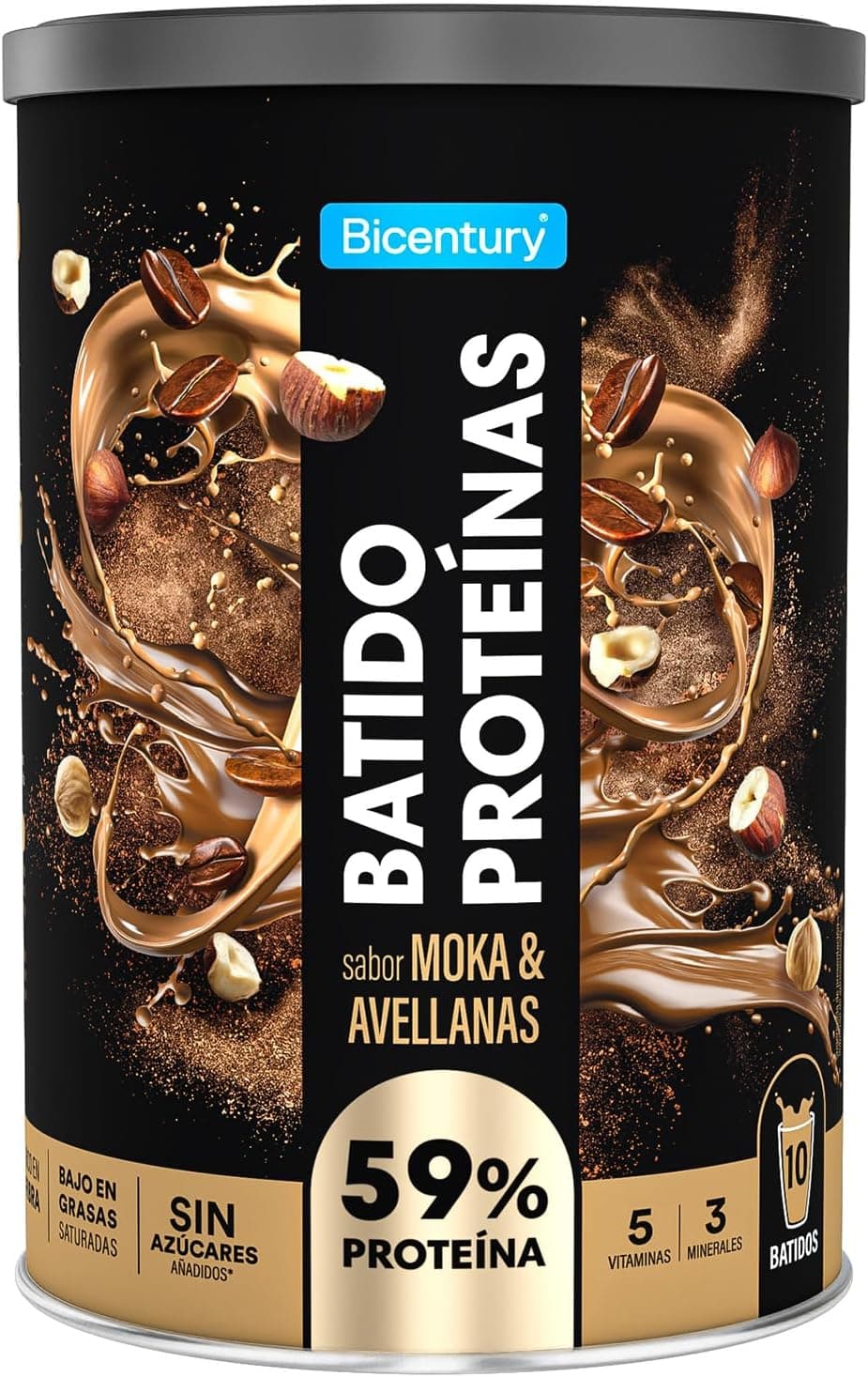 Bicentury Batido de proteína sabor café e avelã, rico em fibra, sem adição de açúcares, baixo em gordura, ideal para recuperação muscular, 340 g, 10 porções